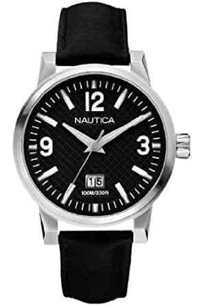 Nautica horlogeband A13557G Leder Zwart 22mm + zwart stiksel